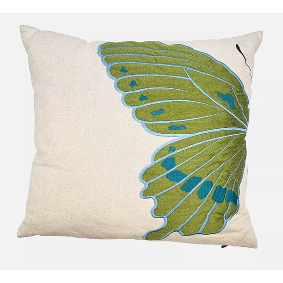 Pier 1 Beige Green Canvas Embroidered Split Butterfly Home Pillowcase 17"x17" - Picture 1 of 8